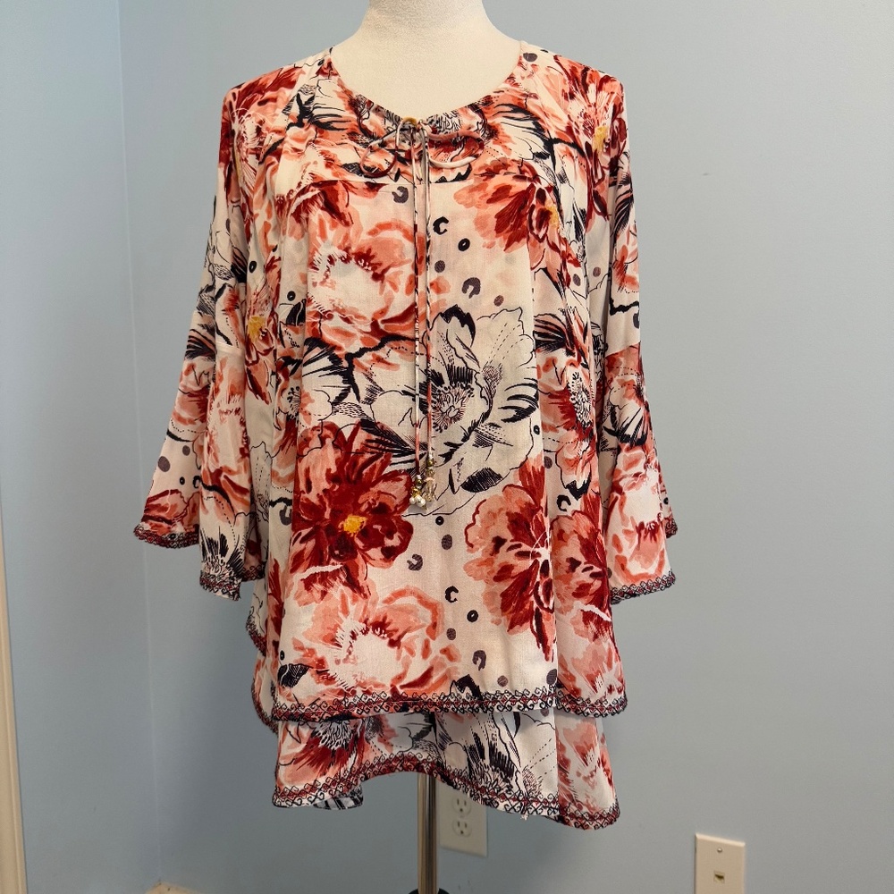 Soft Surroundings Women Large Floral Swing Top Front Tie Neck Shirt Blouse Sz M
